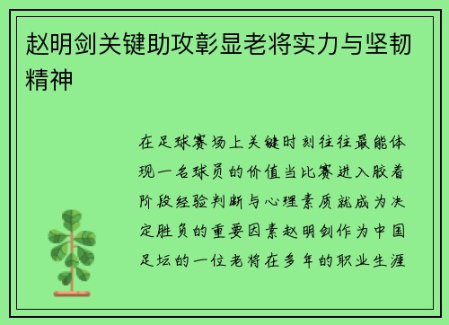 赵明剑关键助攻彰显老将实力与坚韧精神 赵明剑关键助攻彰显老将实力与坚韧精神